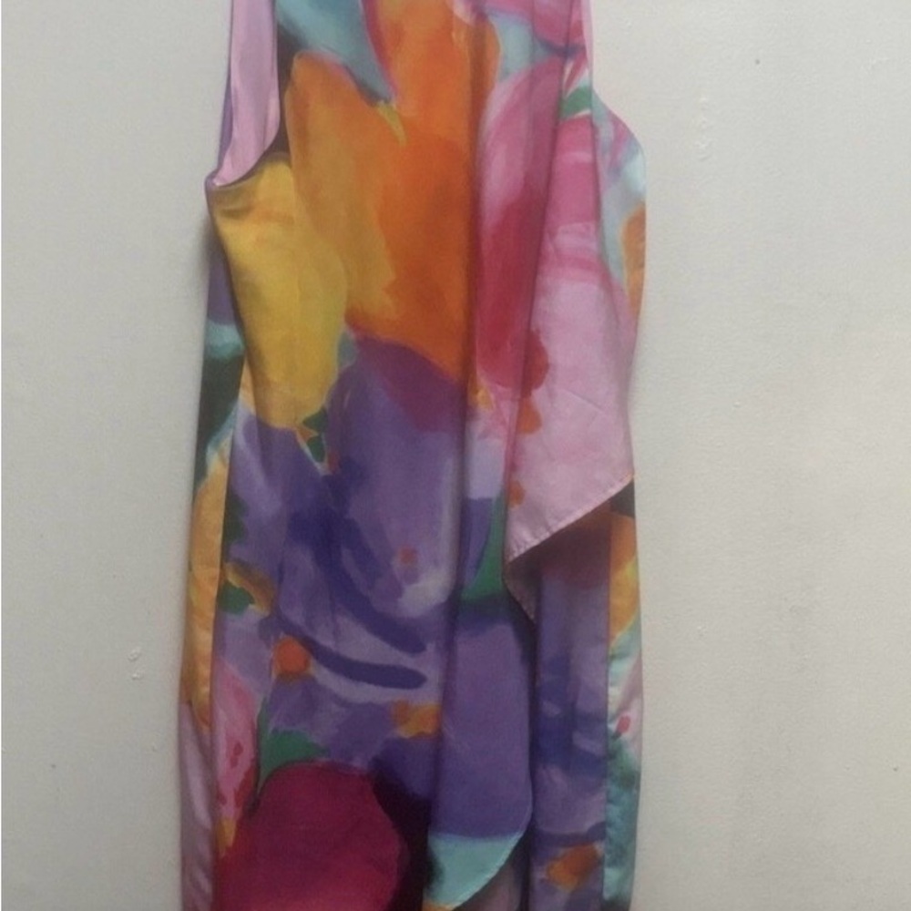 LAUREN RALPH LAUREN Watercolor Floral Crepe Shift Dress Vibrant Pastel 2p Lined - Picture 2 of 9